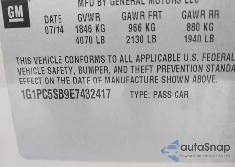 2014 Chevrolet Cruze 1Lt Auto z USA, uszkodzony, nr VIN 1G1PC5SB9E7432417